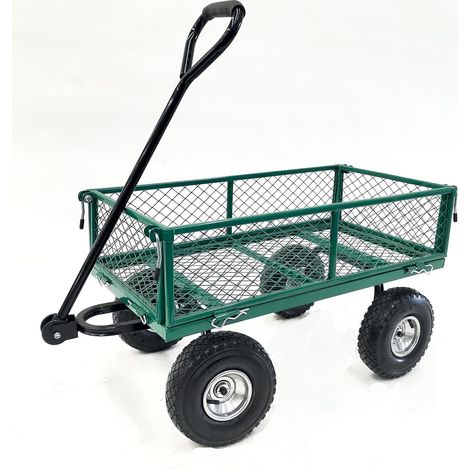 1 Chariot remorque, bac grillagé 65L, 4 roues gonflables, essieu directionnel, charge 300kg, jardin tout-terrain (1/3)
