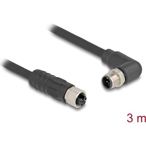 Delock Cable M12 codificado en L de 4 clavijas macho en Ã¡ngulo recto a hembra recta PUR adecuado para cadenas de arrastre 3 m negro