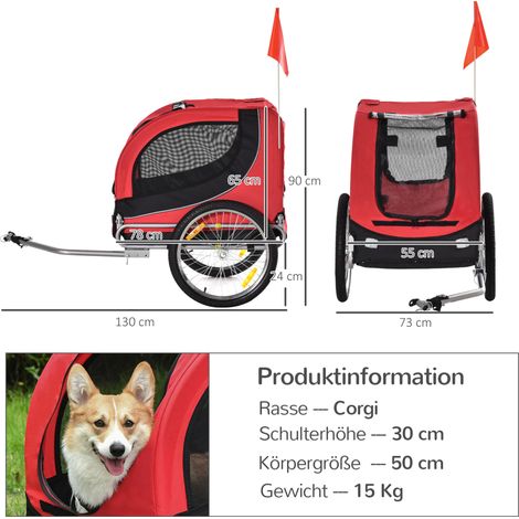 Carrello bici per cane, trasportatore per cane, 130 x 73 x 90 cm, rosso e nero HAVRYA (1/5)