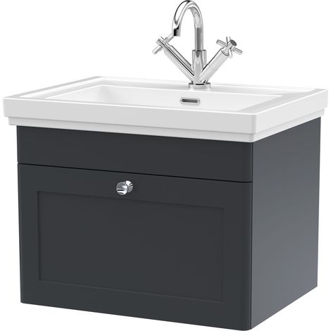 Balterley Swynnerton Traditional Bathroom Wall Hung 1-Drawer Vanity Unit & Fireclay Basin, Dark Grey, 600mm (1/5)