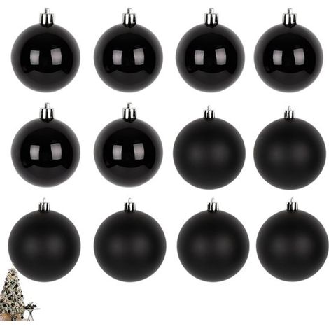 Lot de 12 décorations pour sapin de Noël : boules de Noël noires en PVC de 6 cm, idéales pour décorer votre sapin. Boules de Noël en plastique pour l'extérieur, finition mate et pailletée. (1/5)