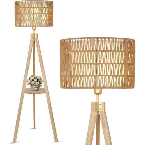 Lampadaire Salon, Lampadaire en Bois avec Etagère, Lampe sur Pied Vintage avec Abat-jour en Rotin (1/5)