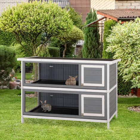 Clapier pour petits animaux (cobayes et lapins nains), à deux étages, en bois gris (1/5)