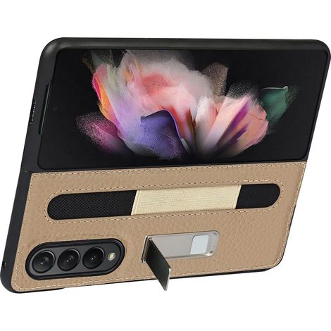 Étui compatible avec Samsung Z Fold 3 et Fold 3 5G, résistant aux chutes, texture litchi, étui à crayons en cuir véritable, support intégré, gris clair, taille unique. (1/3)