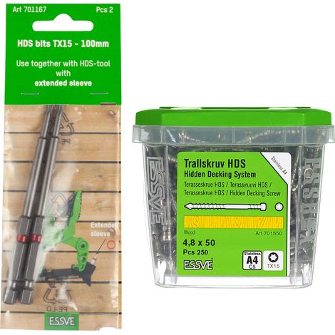 Tornillos para terrazas ESSVE HDS PRO de acero A4, 4,8 x 50 mm, 250 unidades + puntas TX de 15 x 100 mm (x2) (1/5)