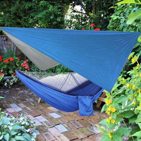 Ensemble hamac suspendu portable avec moustiquaire pour jardin, cour ou voyage (couleur du sac de fixation au sol aléatoire) (Hamac bleu avec auvent) (1/5)