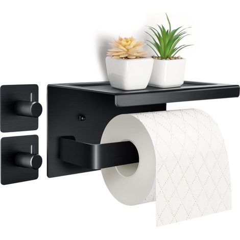 Purpledi Porte Rouleau Papier Toilettes en Aluminium (Perforé/Non perforé) Porte-Rouleau avec étagères Spacieuses Porte Rouleau Papier Toilette Noir Auto-adhésif avec Tablette (1/5)