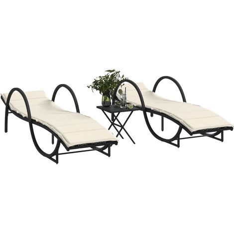 Sonnenliegen 2 Stk. mit Tisch Schwarz Poly Rattan