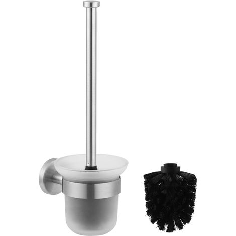 1 - Brosse WC - Porte-brosse en verre - Montage mural avec vis et colle - Pour salle de bain - Noir et argent - 14x11,3x37cm (1/5)