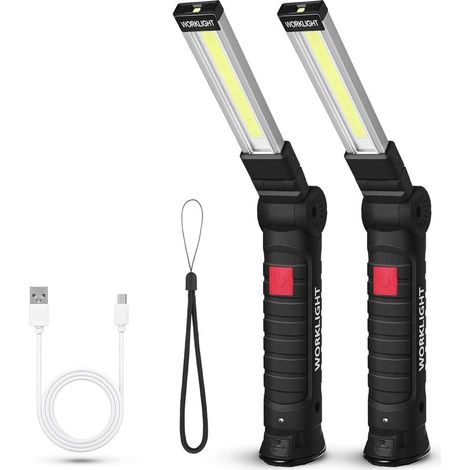QAZQA Lampe de poche LED Lampe de Travail, COB Baladeuse LED lampe torche avec Base Magnétique 5 Modes Lumière USB Camping Lampe pour Garage, Camping, d'urgence, etc [Classe énergétique A]