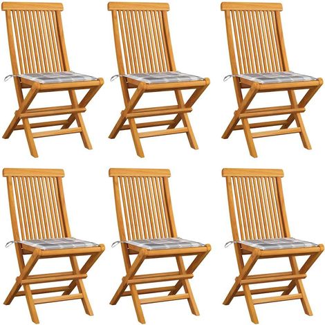 vidaXL Sillas plegables con cojines de estampado a cuadros grises, 6 unidades, madera maciza de teca. (1/5)