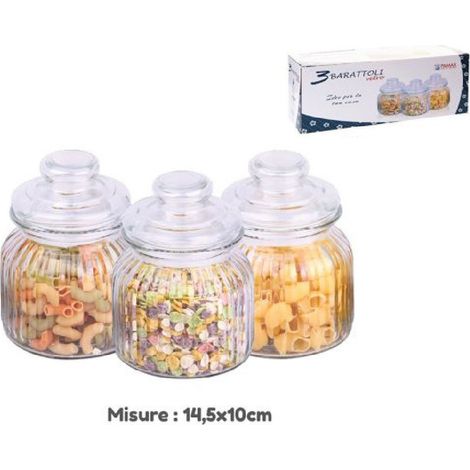 TrAdE Shop Traesio - Set 3 Tris Barattoli Con Coperchio Vetro 14.5x10cm Cucina Pasta Biscotti 710916 -
