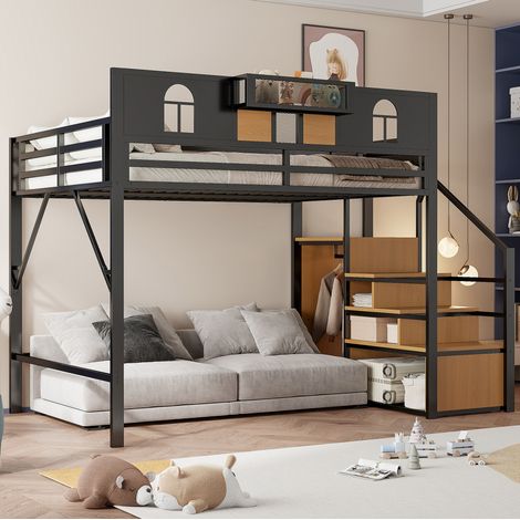 MEUBLIV Cama alta 140x200 cm negra – con escalera de almacenaje, sin colchón (1/5)