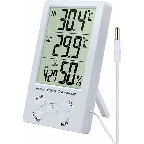 Green Mobility-Thermomètre hygromètre numérique avec sonde hygromètre intérieur et extérieur, réfrigérateur, table, testeur de capteur d'aquarium (blanc). (1/5)