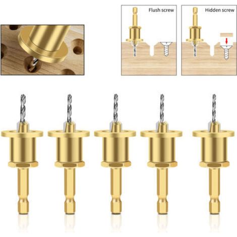 5PCS Wood Countersink Drill Bit Set, Chamfer Drill Bit Set, Countersink Drill Bit Set with Hex Wrench, Wood Chamfering Tool (1/5)