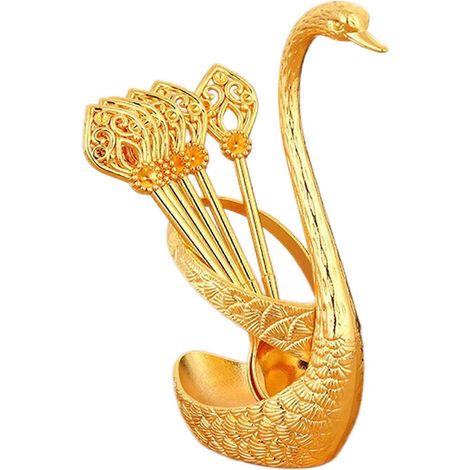 Ensemble de cuillères à fruits Swan avec support - Cuillères décoratives dorées pour desserts et café, idéal pour un thé élégant, un mariage ou un cadeau. (1/5)
