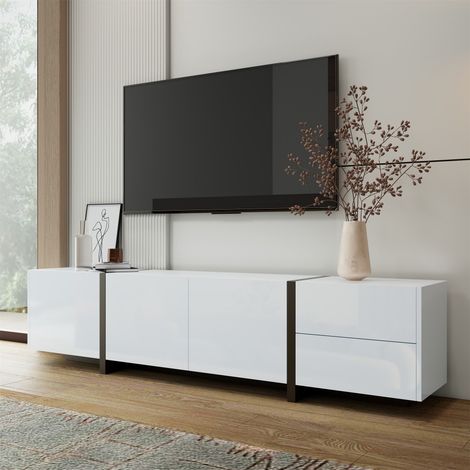 Meuble TV-rangement mural-portes laquées brillantes-tiroirs simples-pieds noirs contrastés-67x11,5x15,5cm (1/5)