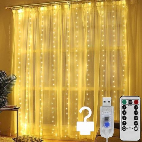 Rideau lumineux LED avec télécommande, alimentation USB, idéal pour les décorations de Noël, 1 pièce, blanc chaud, 3 × 3 m (1/5)