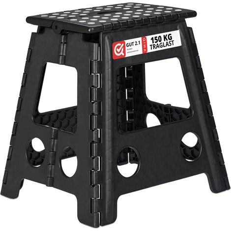Relaxdays XL Folding Stool, Portable, Large Bathroom Step Stool, For up to 120 kg, Plastic, 39.5 cm Tall, Black