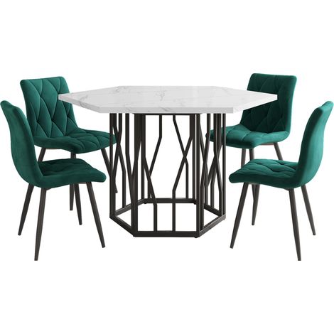 Set tavolo da pranzo 5 pezzi esagonale in MDF effetto marmo bianco con 4 sedie in velluto verde (1/5)