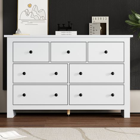 MEUBLIV Buffet de rangement blanc 152x40x89 cm – 7 tiroirs, style minimaliste (1/5)