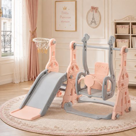 Scivolo per bambini, area giochi 4 in 1 con altalena e canestro da basket, HDPE resistente per interno ed esterno, 140x118x102 cm, Rosa (1/5)