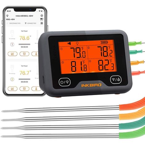 INKBIRD IBBQ-4BW Küchenthermometer, wiederaufladbares magnetisches Grillthermometer mit WLAN, Bluetooth, 4 Temperaturfühlern und Alarm (1/5)