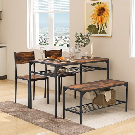 Ensemble de salle à manger marron rustique avec table rectangulaire, banc, 2 chaises et rangements pour cuisine (1/5)