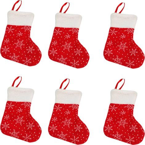 Lot de 6 chaussettes de Noël, flocons de neige dorés, fausse fourrure rouge, pour cheminée et sapin (1/5)