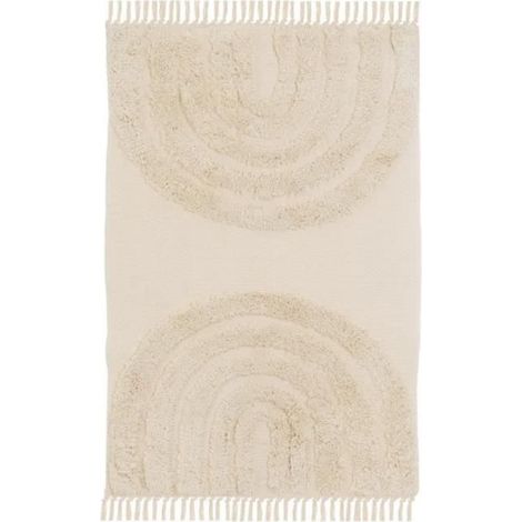 Tapis rectangulaire - JUANIO - 180x120 cm - 50% Coton/50% Polyester - Franges et pompons - Beige imprimé (1/3)