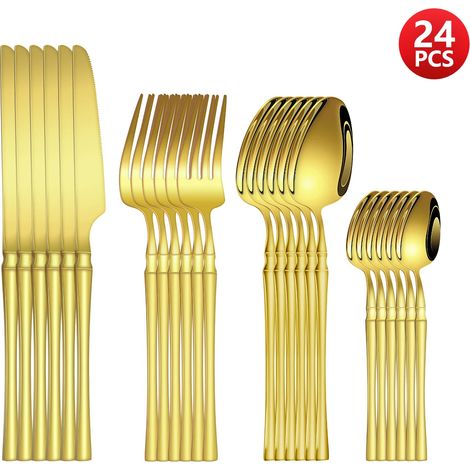 Ensemble de couverts en acier inoxydable doré (24 pièces), un petit ensemble de vaisselle exquis et luxueux. (1/5)