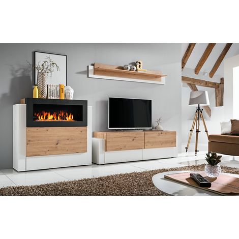 Ac-Deco – Ensemble meuble TV mural et buffet cheminée Queens – L 290 x P 45 x H 150 cm – Bois et PVC, métal – Couleur beige (1/5)