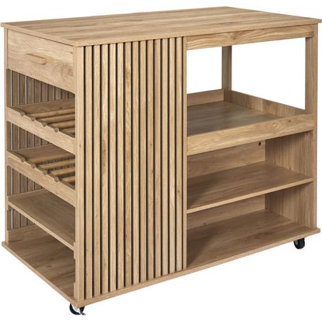 Paris Prix – Ilot de cuisine Klaus 105cm marron – Desserte avec roulettes, tiroir et étagères – Panneaux de particules et MDF