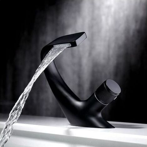 Single Hole Waterfall Basin Faucet, Brass Bathroom Sink Faucet, Luxury Design Bathtub Sink Faucet (Black1813cm) (1/4)
