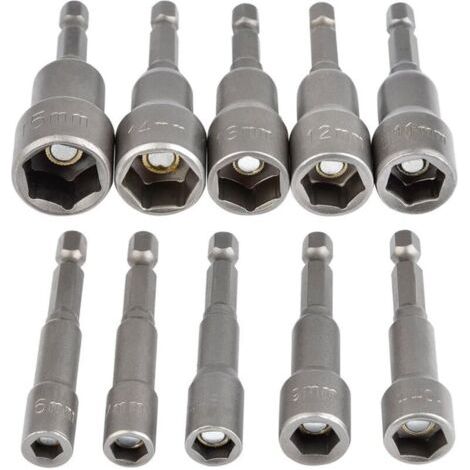 Douille Hexagonale Magnétique 10Pcs Douille Visseuse à Choc 6-15mm, Clés à Douille Magnétique Hexagonale Douille Set Magnétique 1/4 Hexagonale Douille Prise Adaptateur Outil