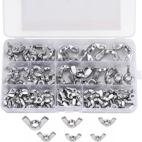 LYERCW - Lot de 100 écrous papillon - Tailles : M3, M4, M5, M6, M8 et M10 - Fixations en acier inoxydable 304 - Écrous papillon argentés (1/5)