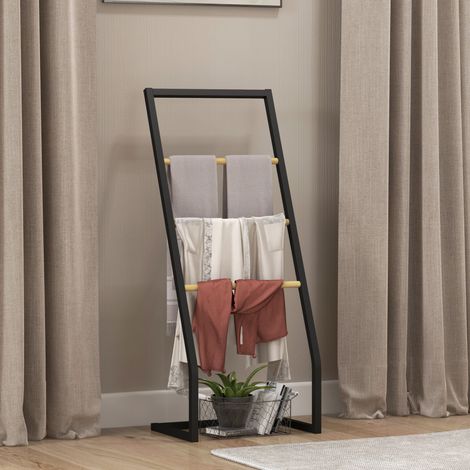 Porte-serviettes à 4 bras en acier et bambou, 40,5 x 28 x 98 cm, coloris noir et bois (1/5)