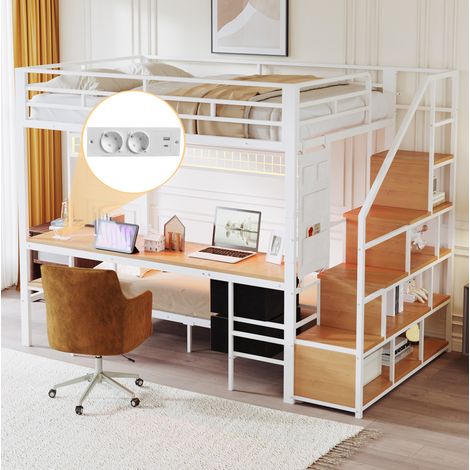 MEUBLIV Lit mezzanine avec bureau LED prises, rangement ouvert tiroirs, lit supérieur 140 x 200 cm lit inférieur 90 x 200 cm blanc (1/5)