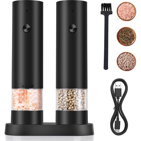 Ensemble De Moulin à Poivre Électrique- Rechargeable USB, Lot de 2 Moulins à Épices avec Base- Grossièreté Réglable Moulins à Sel Et Poivre Électriques