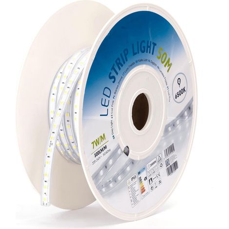 Ruban LED blanc 50 m 10 mm avec circuit intégré, idéal pour l'éclairage décoratif et ambiant en intérieur et en extérieur. (1/2)