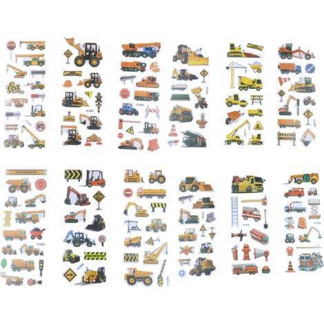 12 Planches Autocollants 3D, Véhicules, Pelleteuses, Tracteurs, Enfants, Cadeaux Fête（Q3 : Nouveaux produits pour le mois d'août） (1/5)
