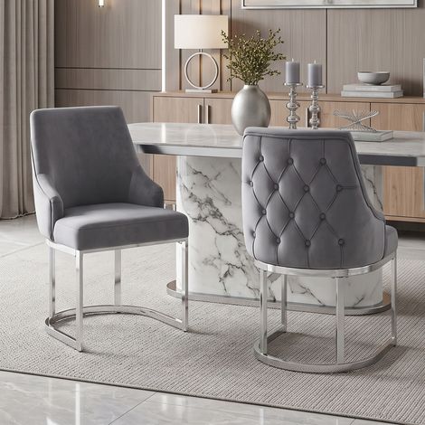 Juego de 2 sillas de comedor de terciopelo gris y plata, respaldo con costura en rombos 3D, patas metálicas galvanizadas (1/5)