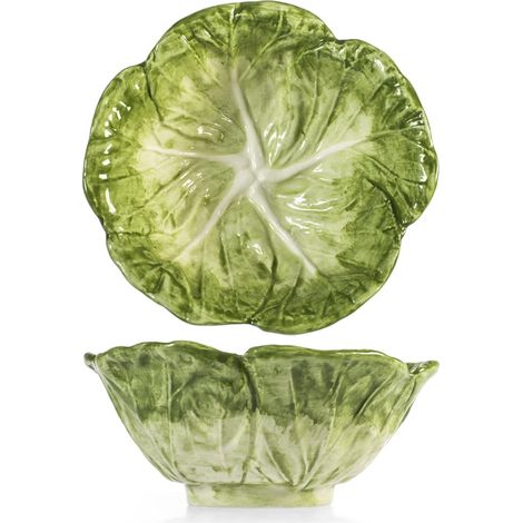H&H Set 2 Bowl Verza in Stoneware Decorate – Ciotole per Insalata o Dessert – Ceramica Resistente – 17x7h cm – Design Foglia di Verza Elegante