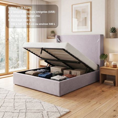 Lit coffre - STAN 1 - 140 x 190 cm - Tissu beige texturé - Tête de lit haute à oreilles - 2 lampes de lecture LED + Ports USB (1/5)