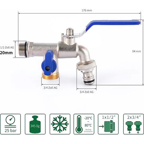 Robinet de jardin extérieur (4 entrées d'eau DN15), antigel, double commande, en cuivre, pour lave-linge et évier de jardin 1/2 (1/4)