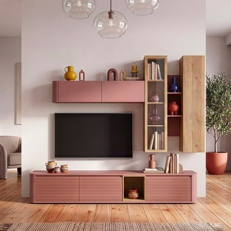 Soggiorno parete attrezzata Core grande con porta TV e pensili rovere e terracotta (1/5)
