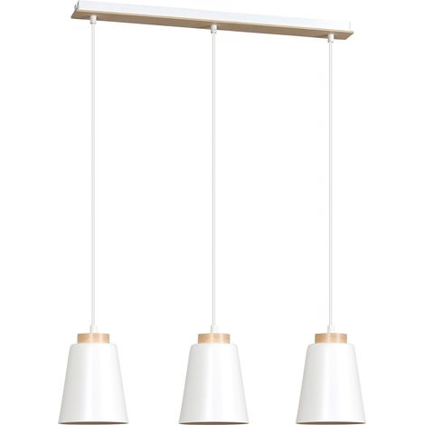 Lampadario 3 Luci Bolero Con Paralumi A Cono In Acciaio Bianco E Legno Naturale (1/5)