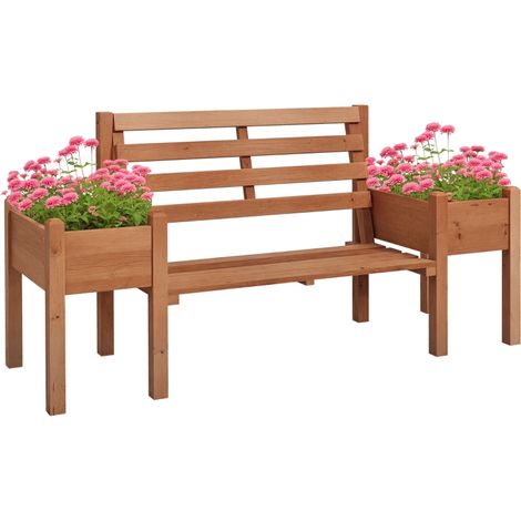 Banc de jardin en bois marron avec deux jardinières latérales, dimensions 184×59×95 cm, idéal pour terrasse et jardin (1/5)