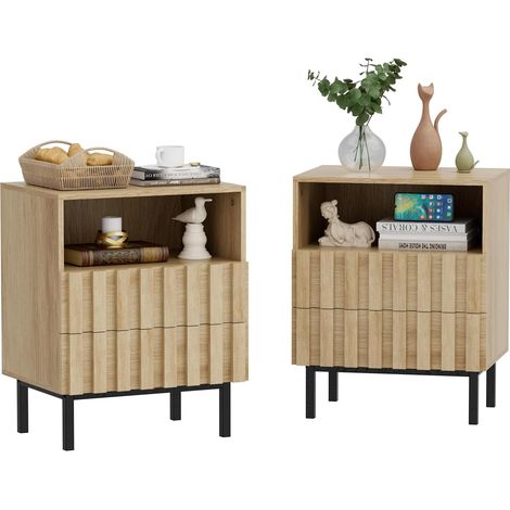 UEV Set di 2 Comidini Naturali con Design a Strisce di Legno, Comodino Camera da Letto con Scomparto e 2 Cassetti, Tavolini Soggiorno Stabili e Durevoli, 45 x 32,5 x 56 cm