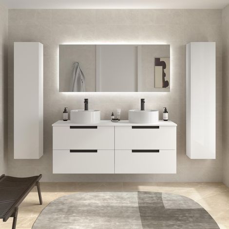 Mueble de Baño LENI 120cm Blanco Mate 4 cajones Lavabo sobre encimera 2 pozas Porcelana (1/5)